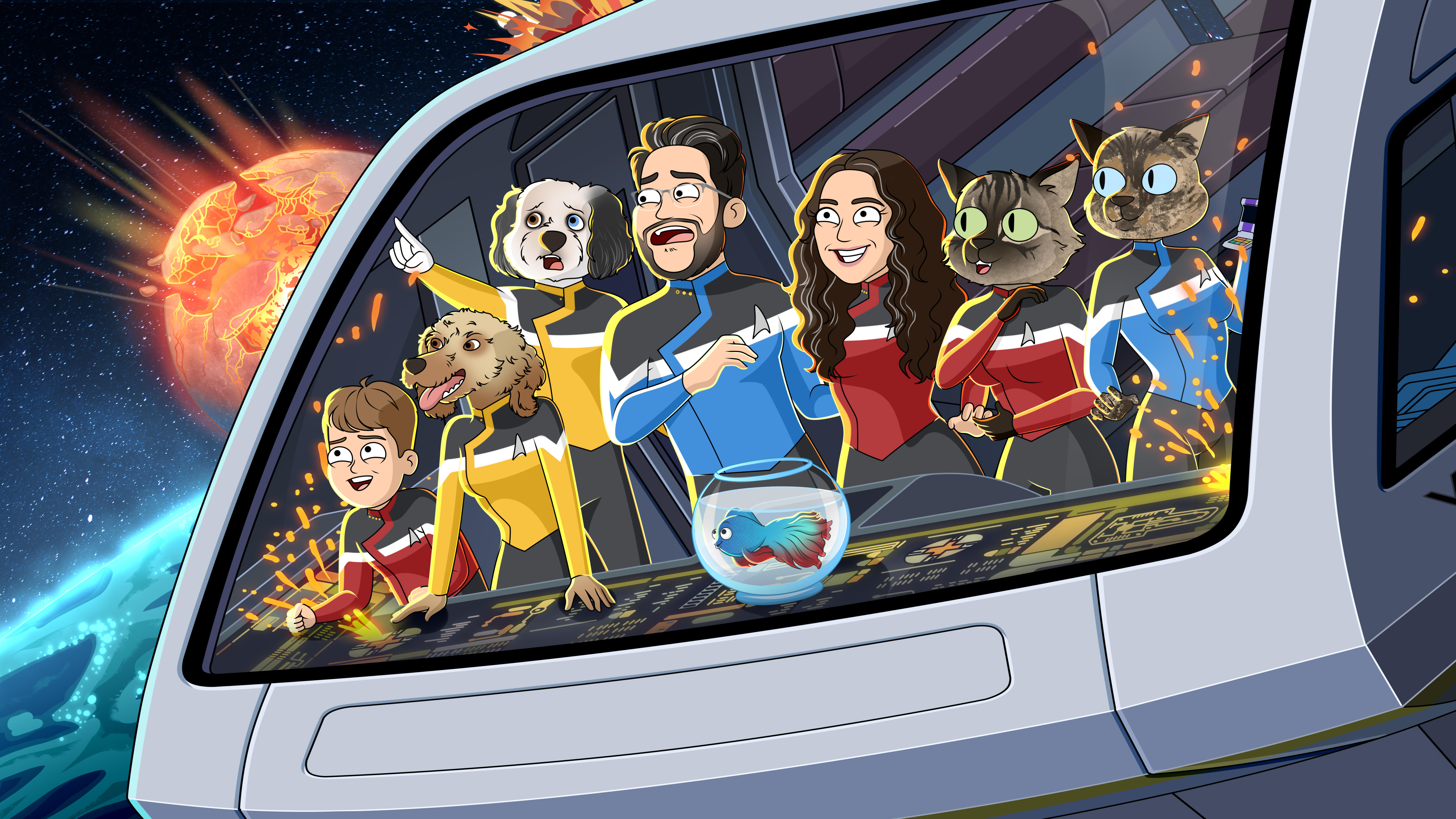 The Butler family, illustrated as a crew aboard a spaceship
